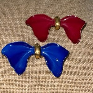 Vintage 70’s (2) Bow Pins Brooches Jewelry Great Condition Red Blue Gold